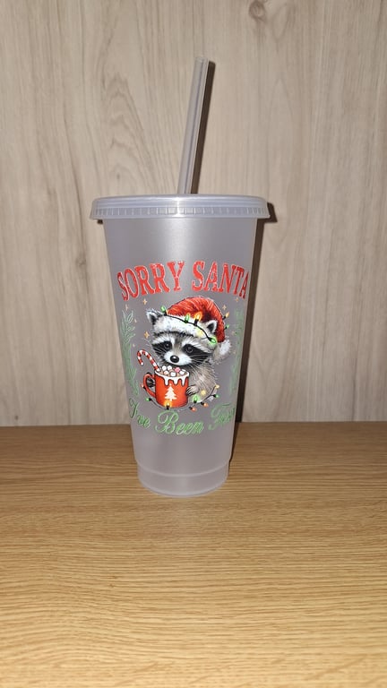 Sorry Santa I've Been Feral 24oz Cold Cup Raccoon Silly Funny Christmas Tumbler 