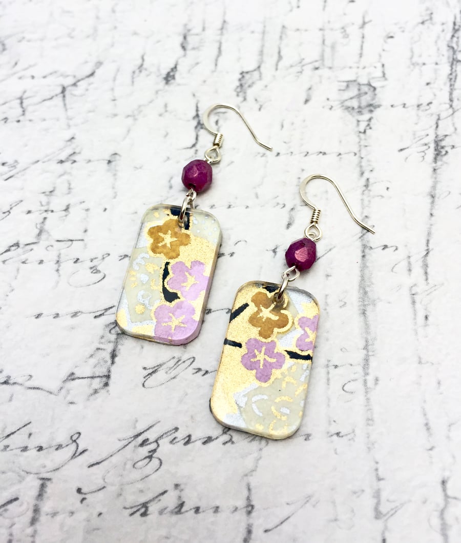 Mauve and Yellow Blossom Japanese Washi paper and acrylic oblong dangle earrings