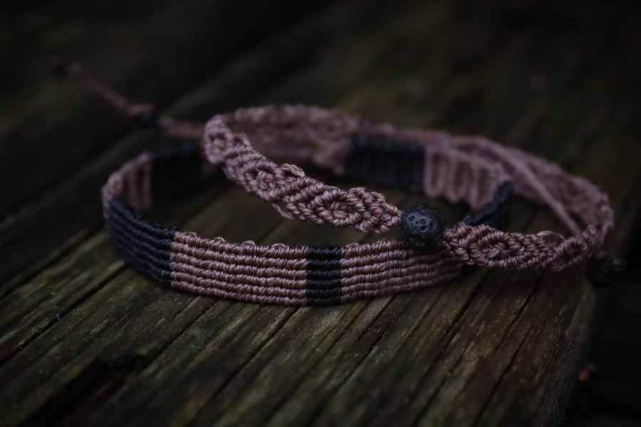 Micro macrame adjustable Men's Bracelet set with lava stones