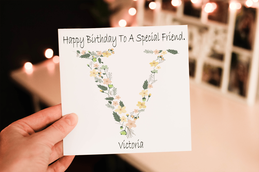 Flower Letter Art Special Friend Birthday Card, Flower Initial Birthday Card