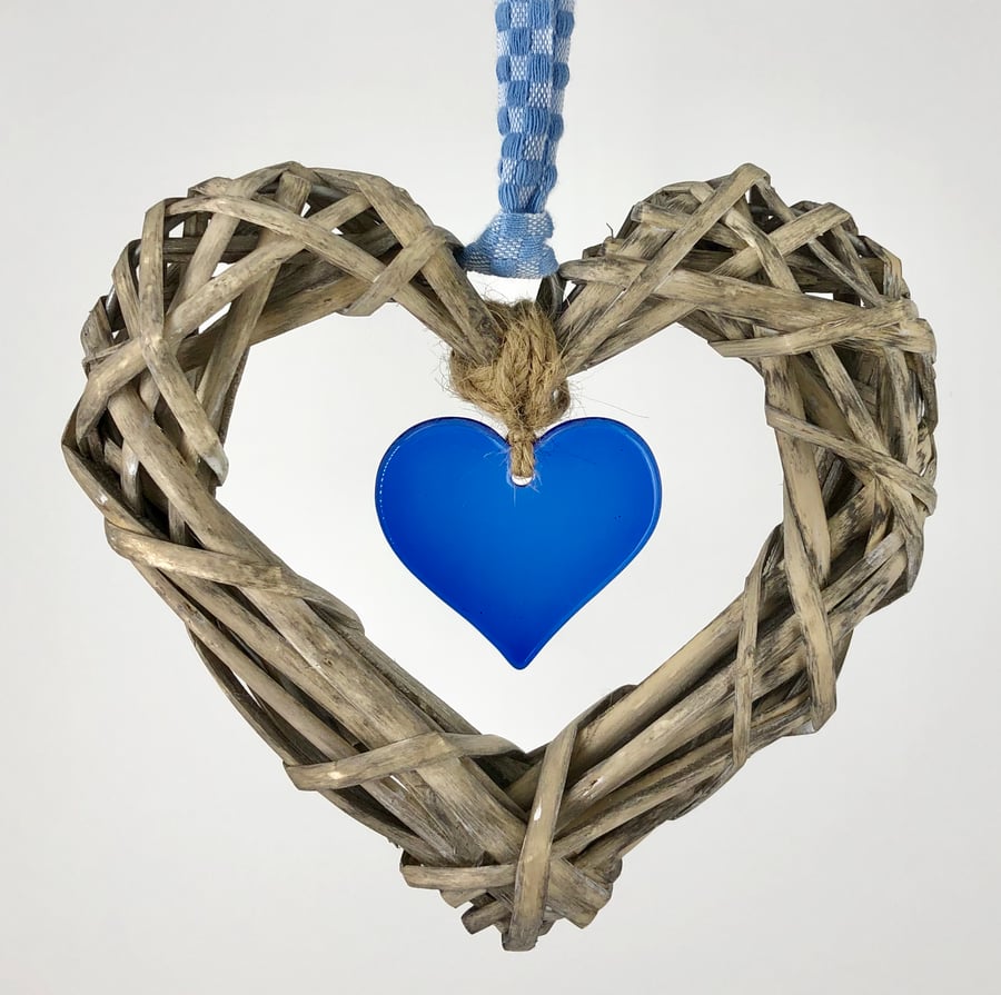 Fused Glass & Wicker Hanging Heart - Blue with co-ordinating Ribbon