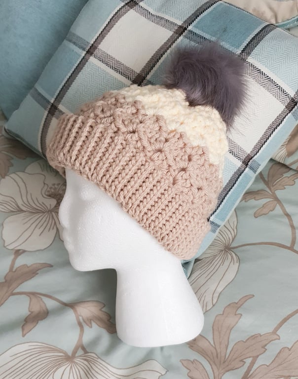 Beige Hat, crochet with pompom