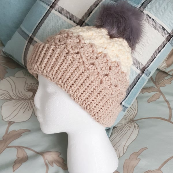Beige Hat, crochet with pompom