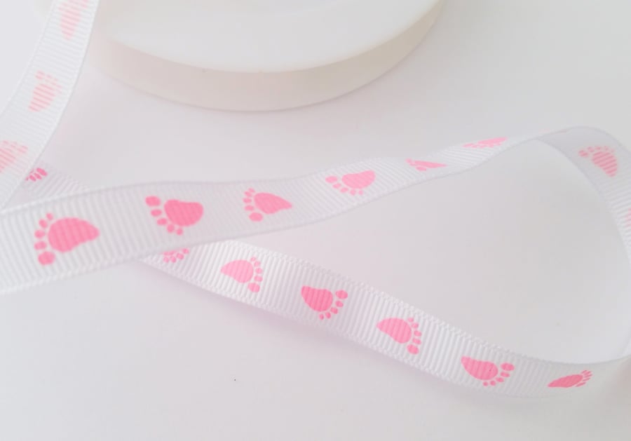 Baby footprint grosgrain ribbon pink and white 10mm x 3 metres