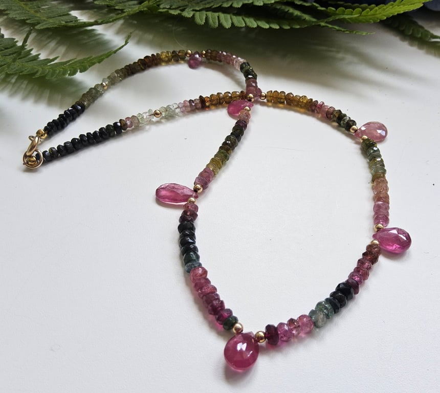 Designer Pink Sapphire, Ombre Sapphires, Emerald, Dainty Choker Necklace 9k Gold