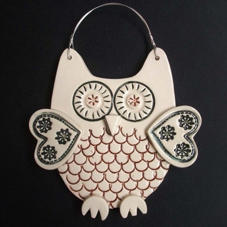 Cream Owl ceramic hanging decoration 
