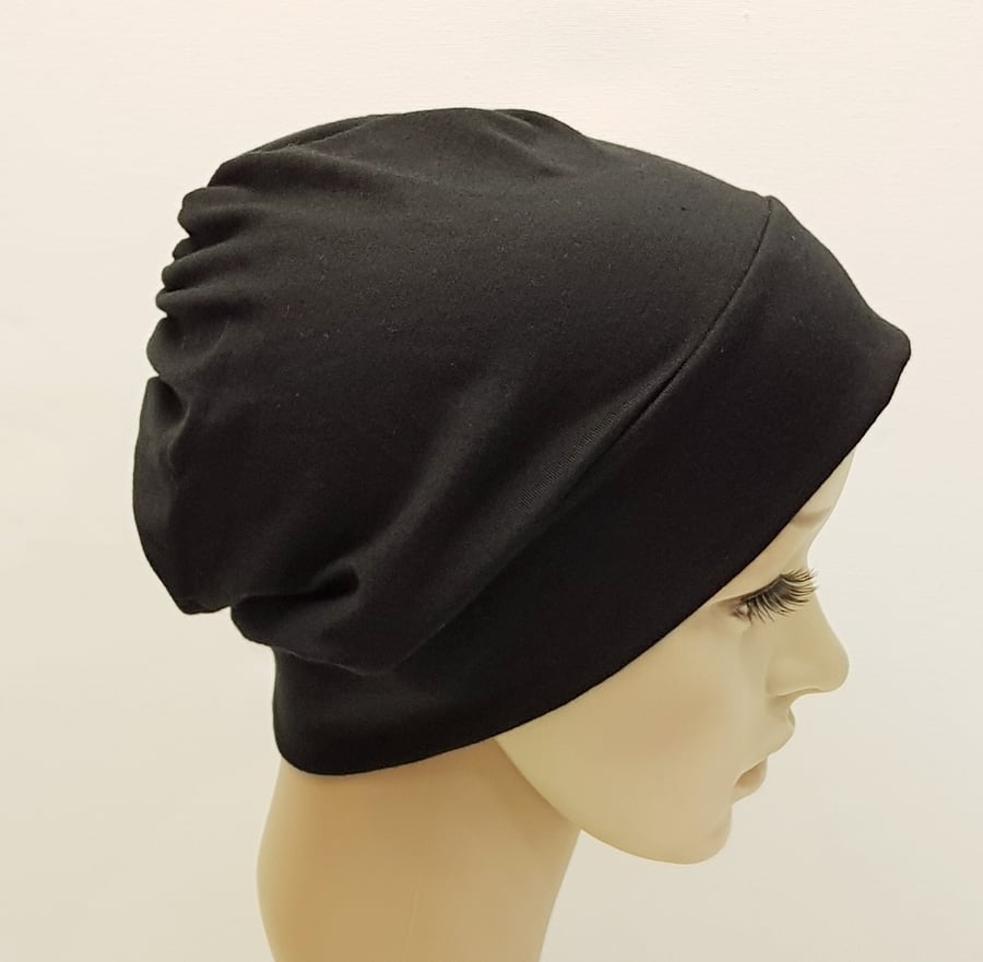 Black chemo beanie, messy hair day hat, alopecia hair loss head wear 