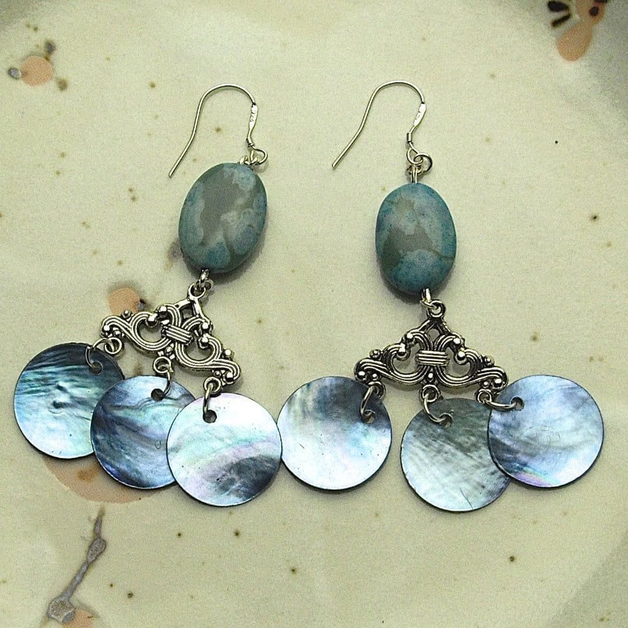 Turquoise Agate and Blue Shell Bead Earrings