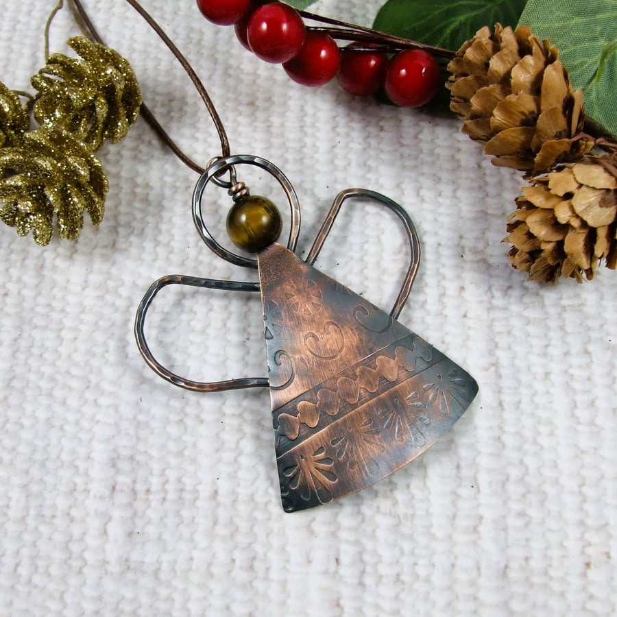 Copper Angel Hanging Decoration with Tiger's Eye Gemstone