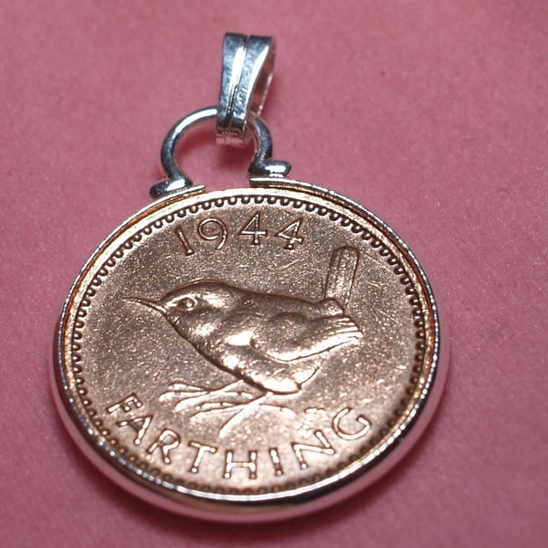 1946 80th Birthday Anniversary Farthing coin in a Silver Plated Pendant mount
