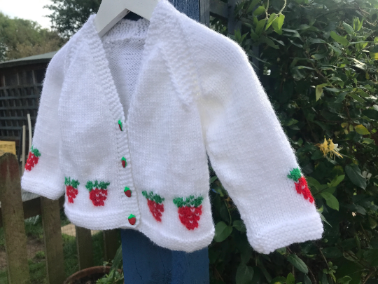 Hand knitted Traditional Style Baby Girl Cardigan Strawberry 