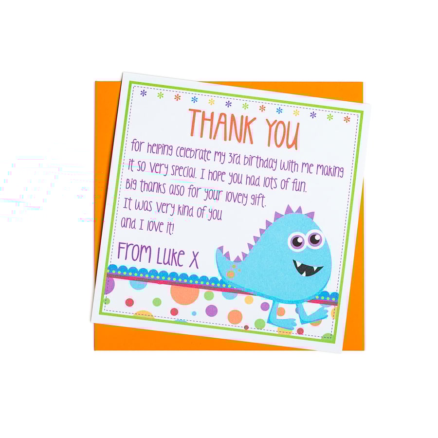 Personalised Monster Thank You Notes -pack of 6