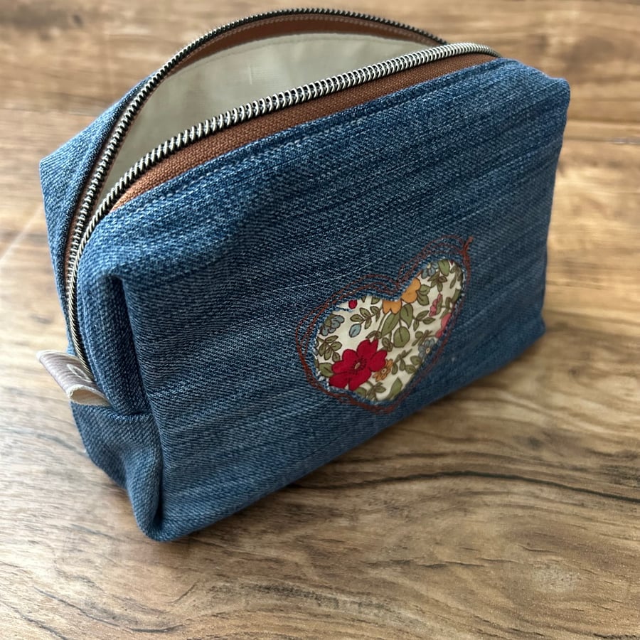 Denim Floral Heart Zipped Pouch