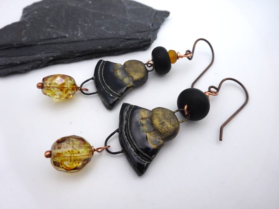 black ceramic and lampwork glass earrings