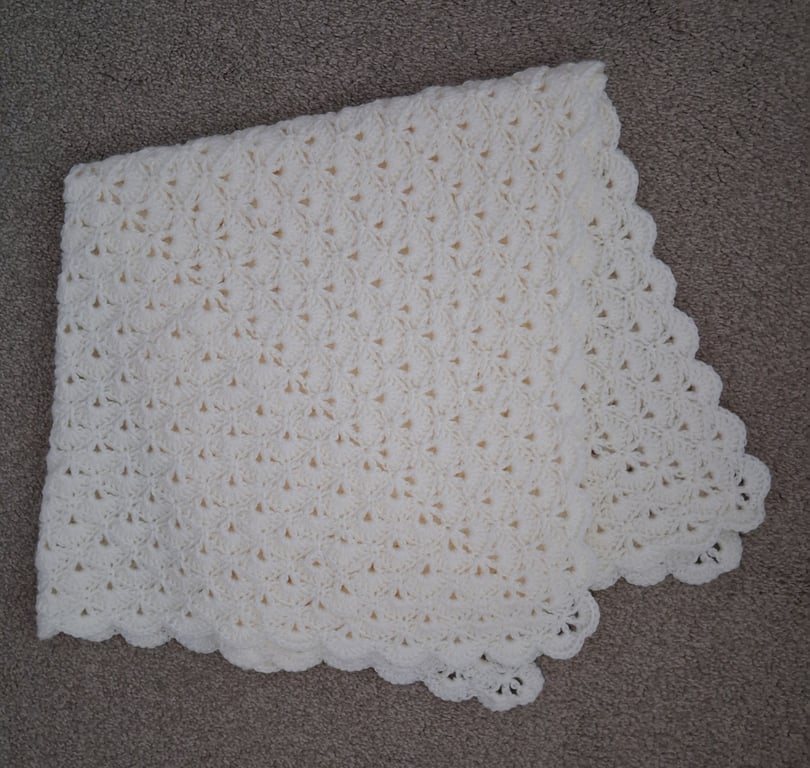 Hand Crochet Cream Baby Blanket Shawl In A Shell Pattern (J172)