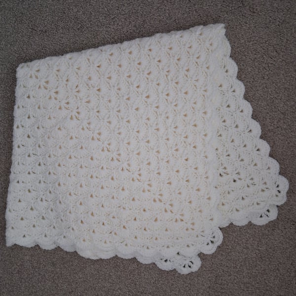 Hand Crochet Cream Baby Blanket Shawl In A Shell Pattern (J172)