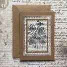 Hand-Stamped Floral Card on Vintage Text – Blank Greeting Card 