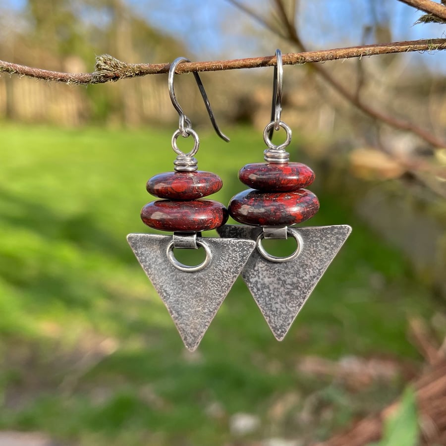 Oxidised silver and red flame jasper triangular earrings