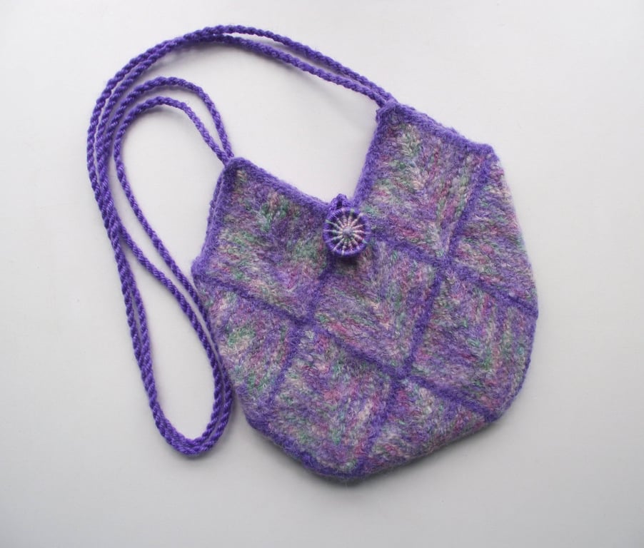 Crossbody or Shoulder Bag, Purse, Purple, Pink, Handspun, Knitted, Felted