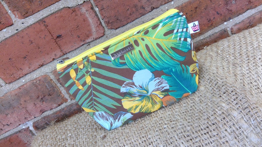 Brown Tropical Print Zip Pouch 