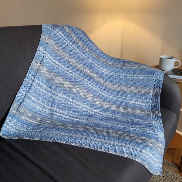 Blue and Grey Fair Isle Baby Blanket Hand Knitted Pram Blanket Newborn Gift
