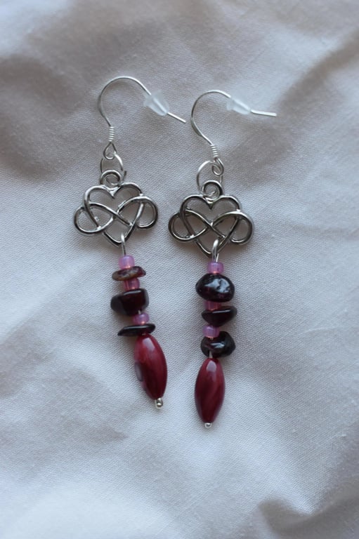 Sterling Silver Celtic Heart, Red & Pink Drop Earrings