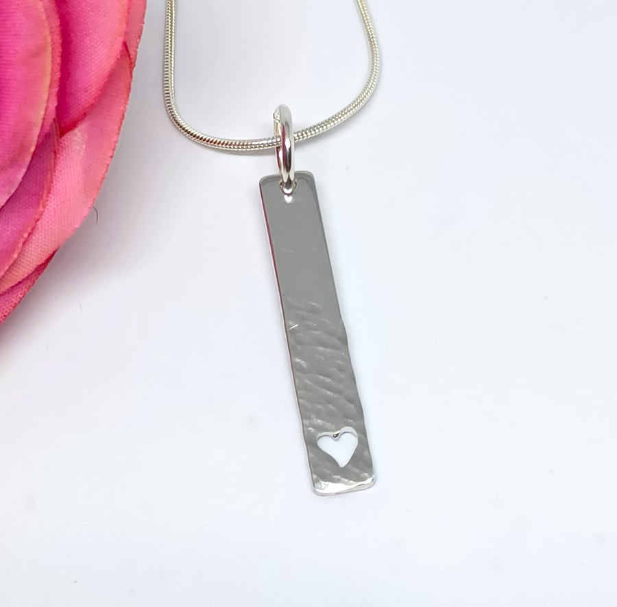 Sterling Silver Hammered Cut Out Heart Bar Pendant, Hammered Bar Necklace, Cut O
