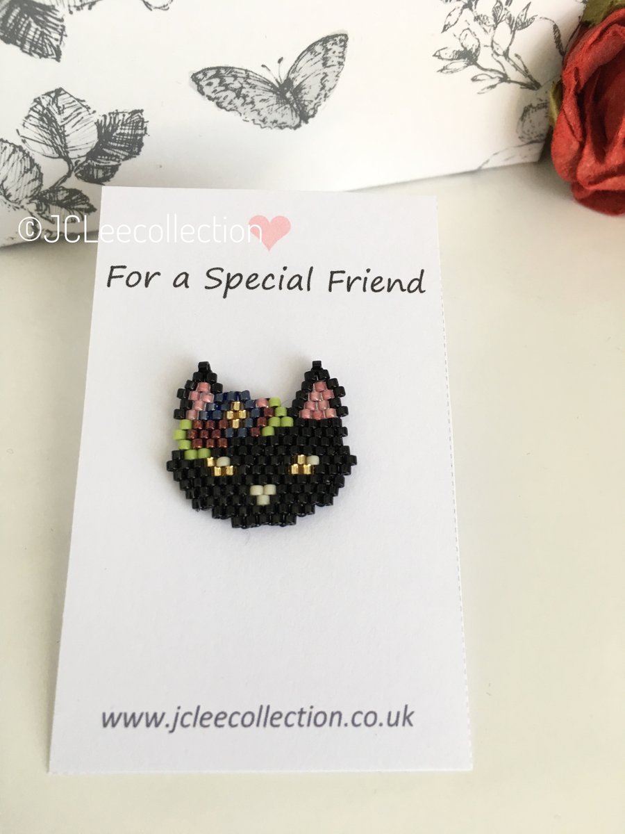 Black Cat Brooch - Black and Pastel Seed Bead Coat Pin