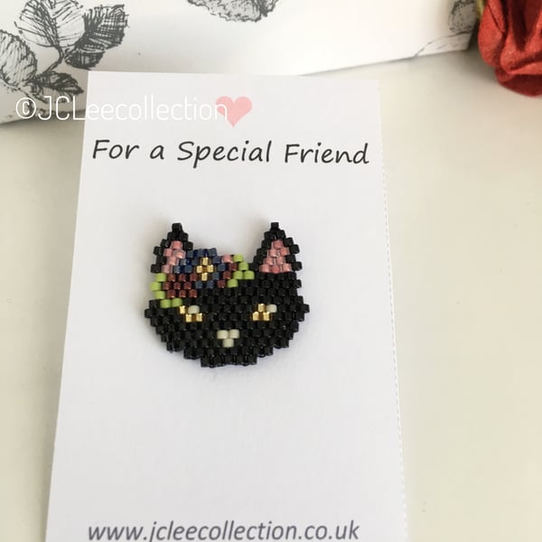 Black Cat Brooch - Black and Pastel Seed Bead Coat Pin