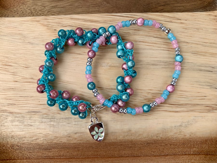 Silver Plated Stacking Bracelets Swarovski Flower Charm in Candy Pink & Blue