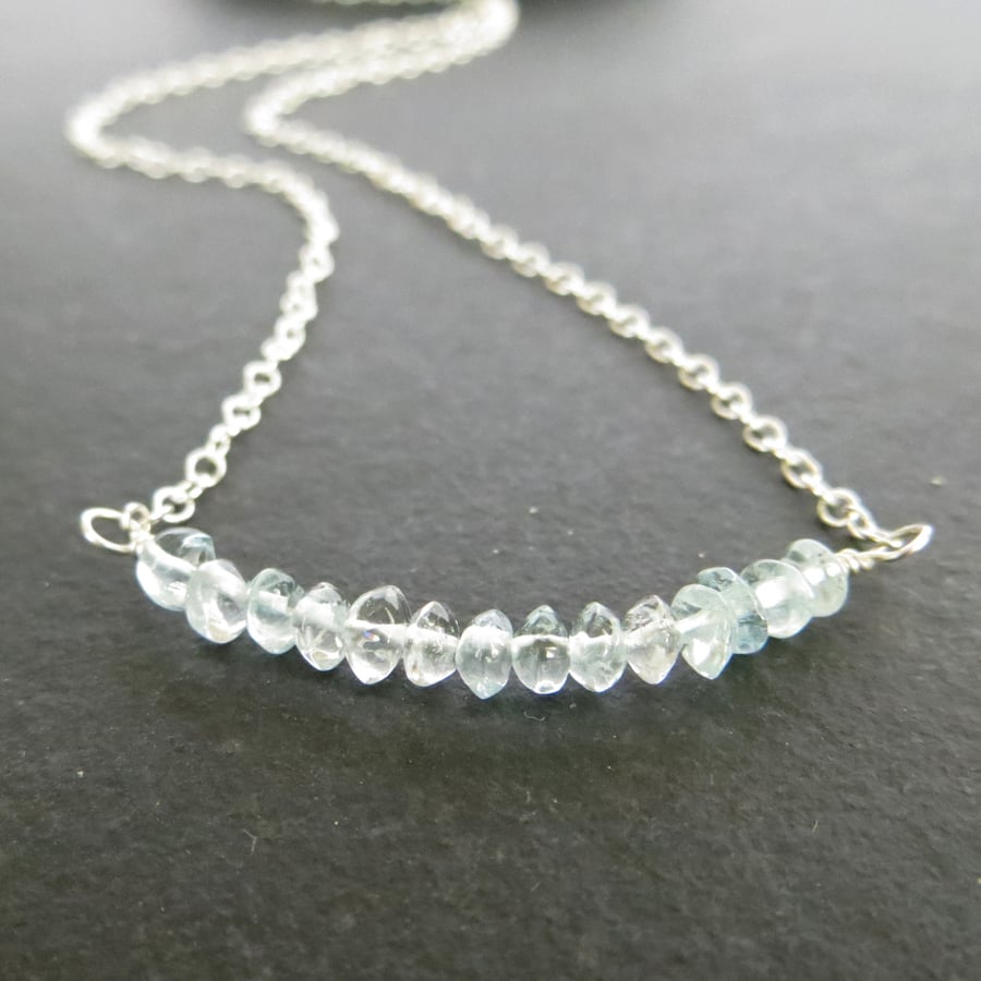 Aquamarine bar pendant, March birthstone necklace, Sterling silver
