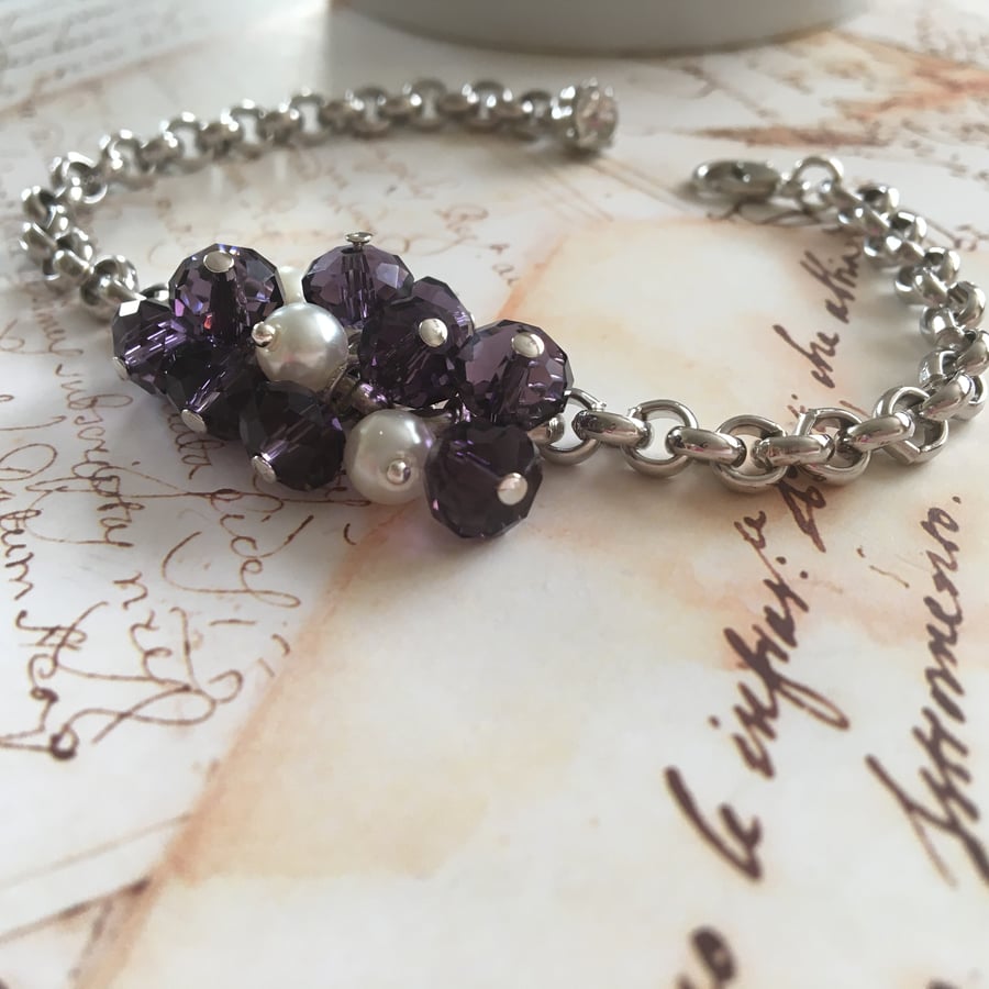 Bunch of Purple Glass Beads with White Acrylic Pearl Bracelet.