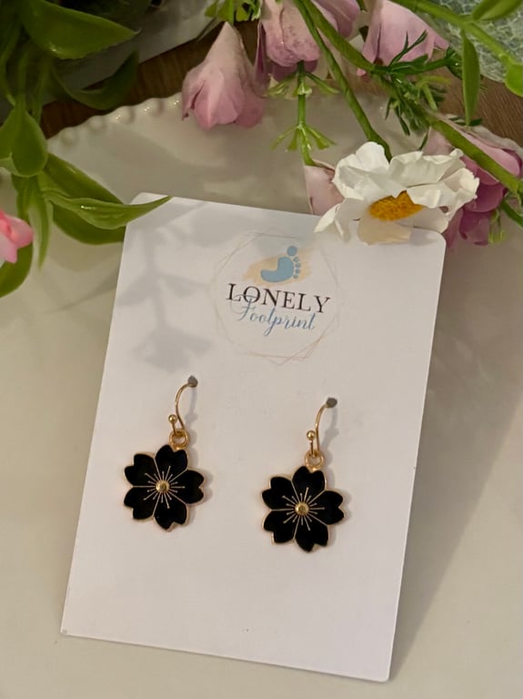 Black Flower Earrings, Floral Charms, Handmade Jewellery 