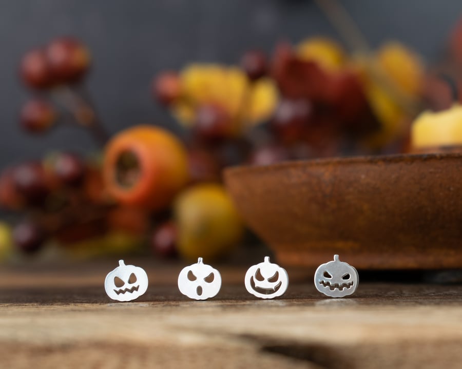 Halloween Pumpkin Stud Earrings Mismatch Set in Sterling Silver