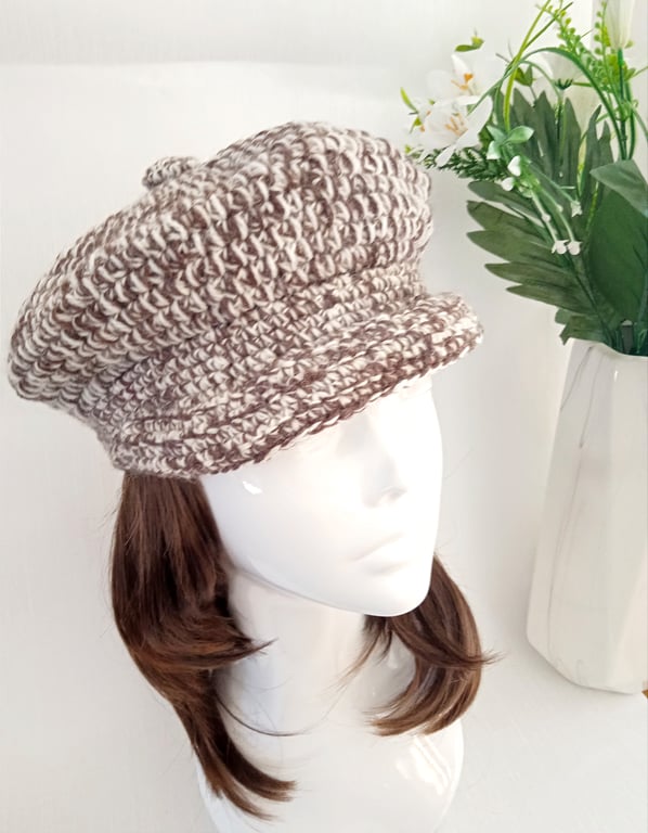 Crochet Brown and Cream Wool Newsboy Cap with Lining
