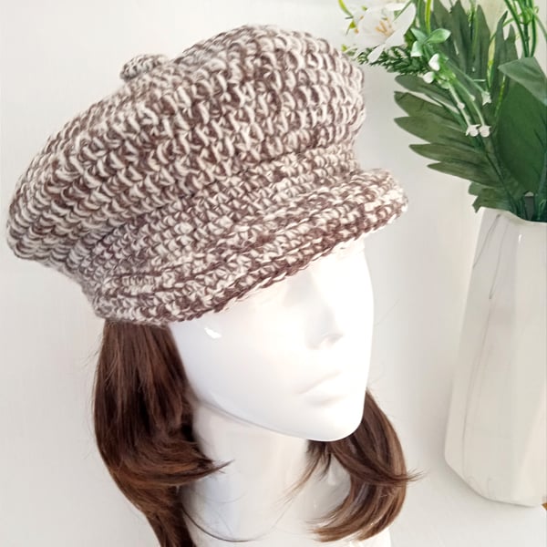 Crochet Brown and Cream Wool Newsboy Cap with Lining