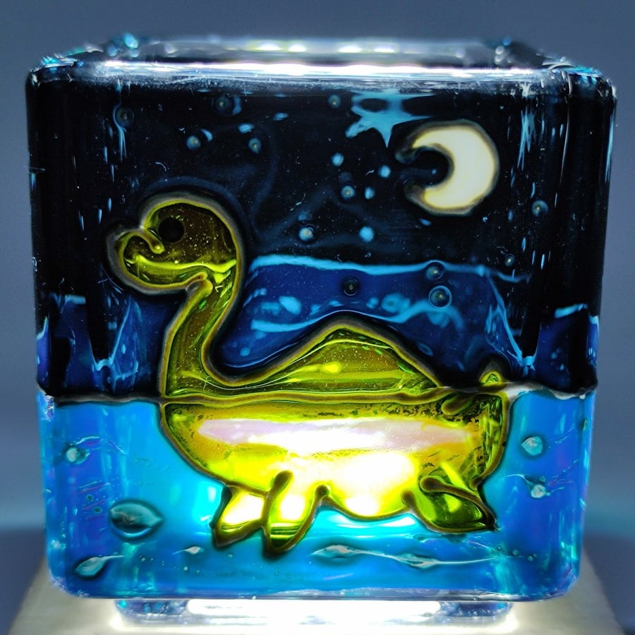 Hand painted glass candle holder, Nessie the Loch Ness Monster 