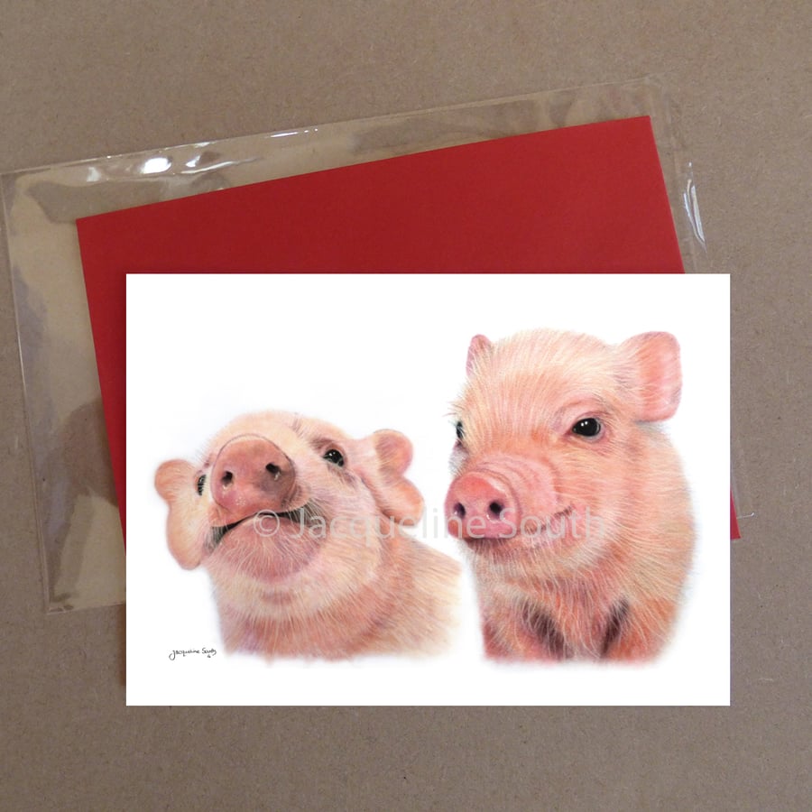 Two pink pigs greeting card with envelope