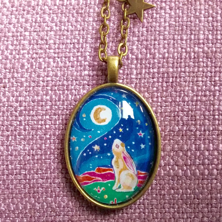 Moon Gazing Hare Antique Bronze Painted Necklace