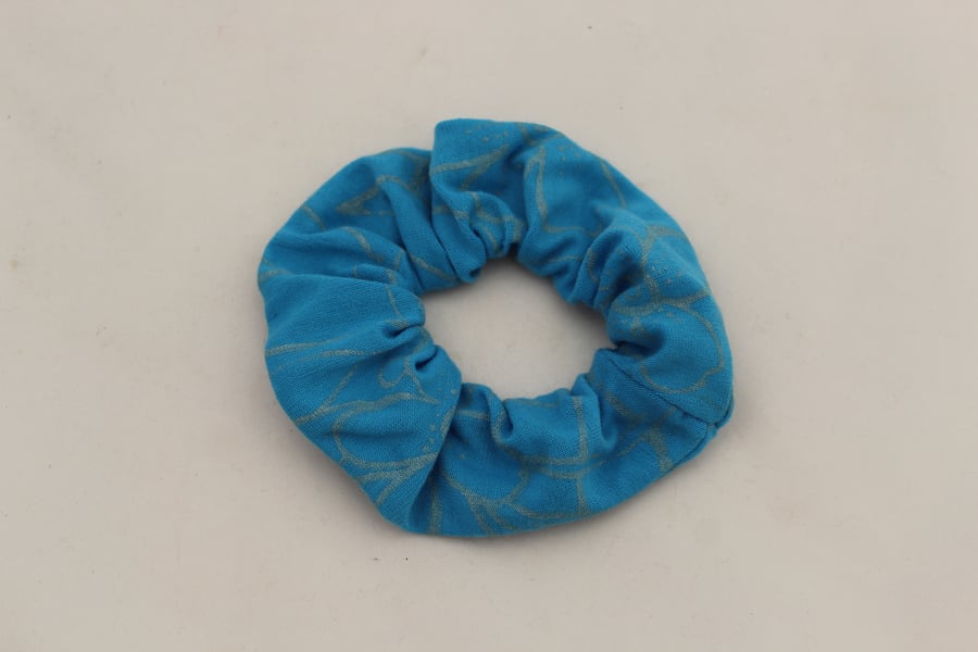 Elasticated hair scrunchie,turquoise floral hand print, handmade Eco gift.