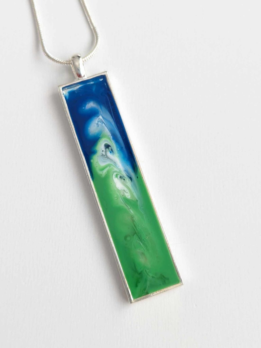 Long Rectangular Pendant With Green & Blue Resin