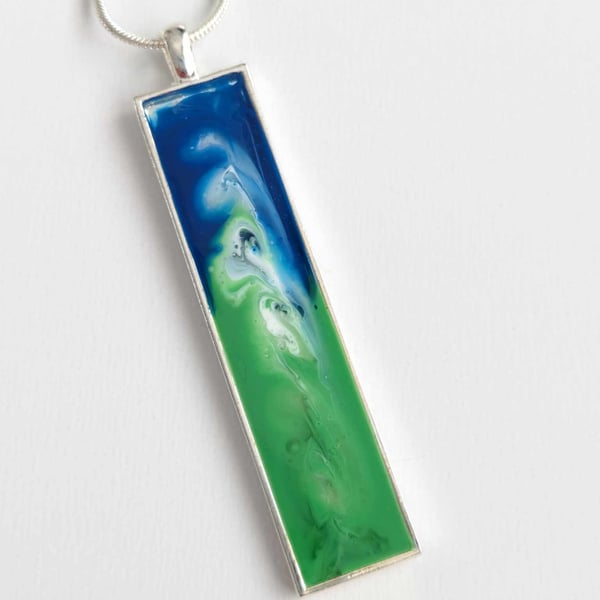 Long Rectangular Pendant With Green & Blue Resin