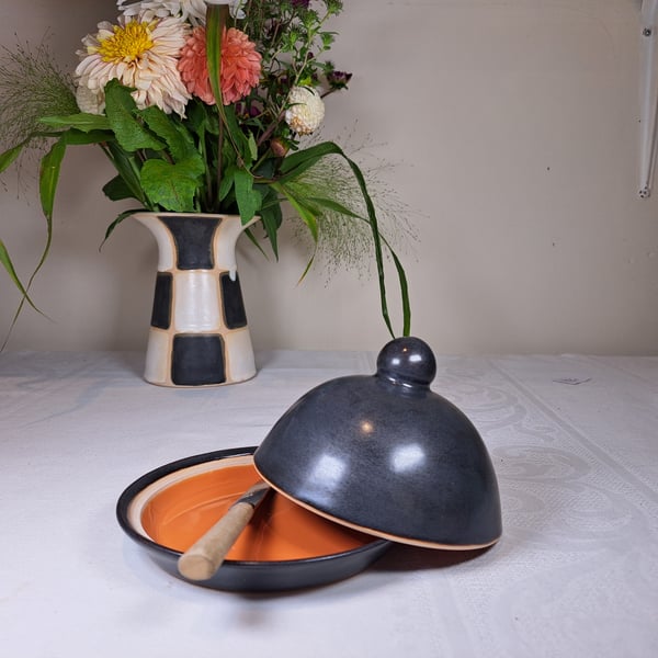 BURNT ORANGE BUTTER DISH - glazed in burnt orange and charcoal 