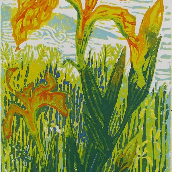 Yellow Iris, Flower - Original Linocut Hand Pressed Ltd Ed 