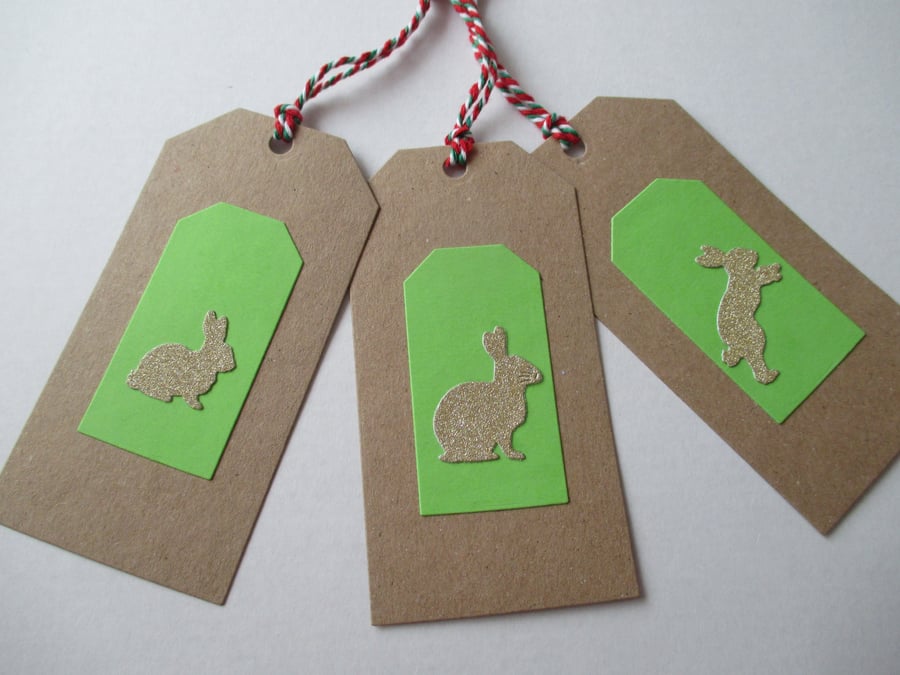 Gift Tag x 2 Bunny Rabbit Christmas Present Gold Green