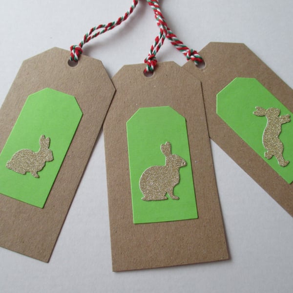 Gift Tag x 2 Bunny Rabbit Christmas Present Gold Green