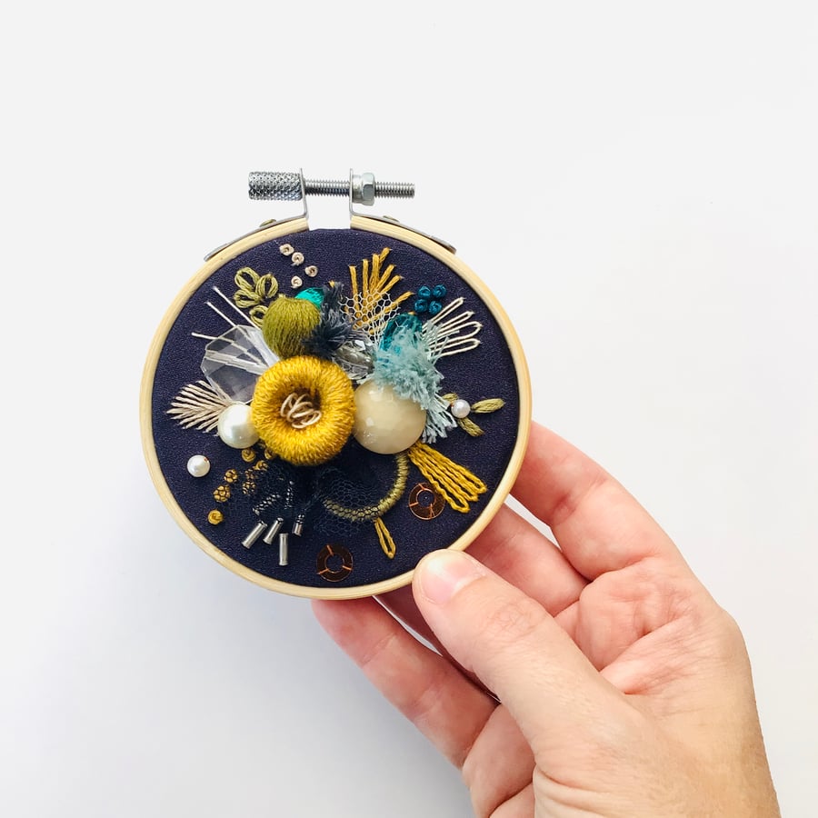 Embroidery Art, 3 inch mini floral textile hoop, stitched 3D organic neon art 