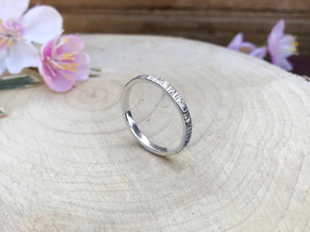 Handmade Narrow Silver Tree Bark Ring