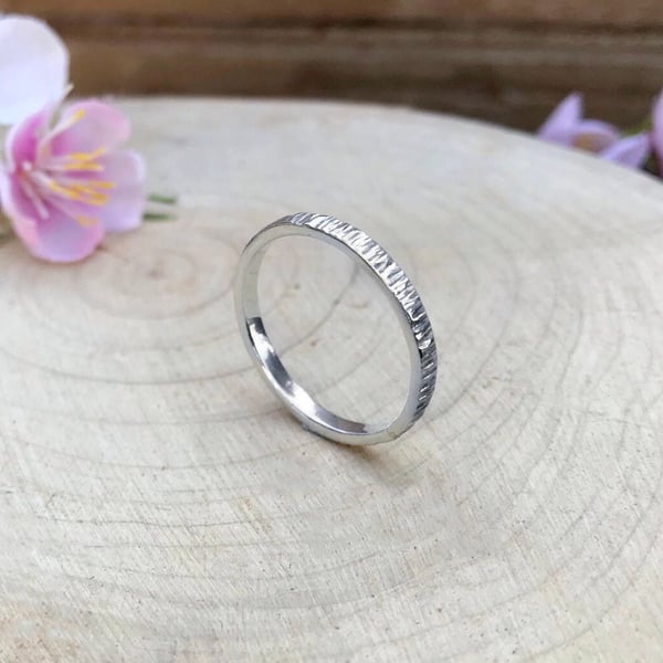 Handmade Narrow Silver Tree Bark Ring