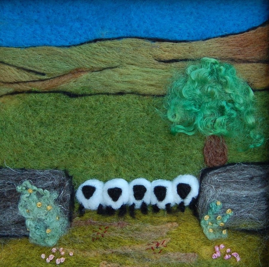Five sheep stonewall wool painting.  Needlefelt picture with hand embroidery